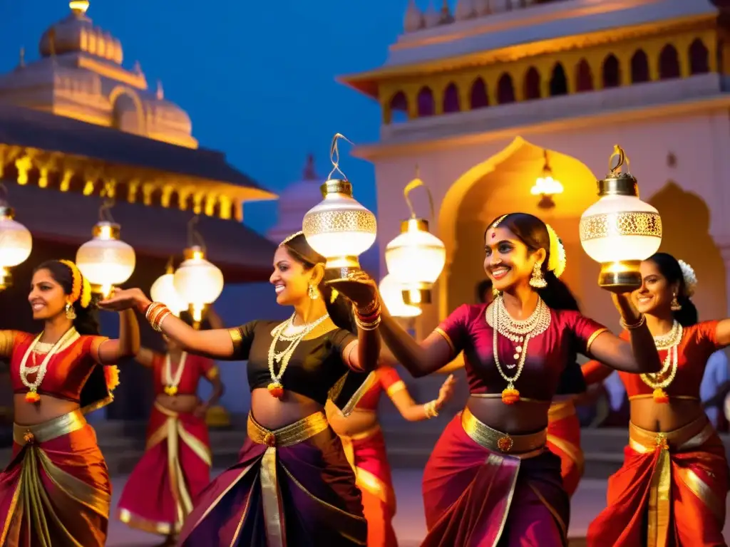 Grupo de bailarines tradicionales indios bajo la cálida luz de las lámparas de aceite de latón, destacando el significado cultural de las danzas