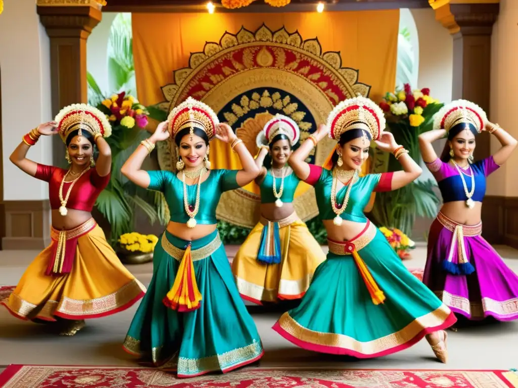 Grupo de bailarines tradicionales indios danzando en un entorno exuberante, evocando la belleza de los Retiros de danza tradicional india