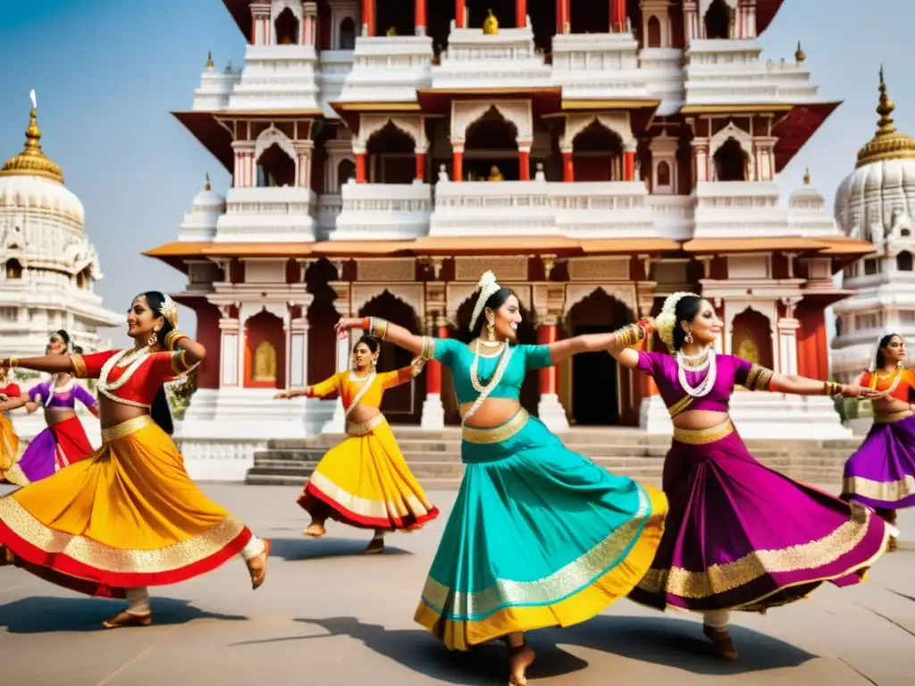 Un grupo de bailarines tradicionales indios, con trajes vibrantes, ejecuta una danza clásica frente a un majestuoso templo decorado