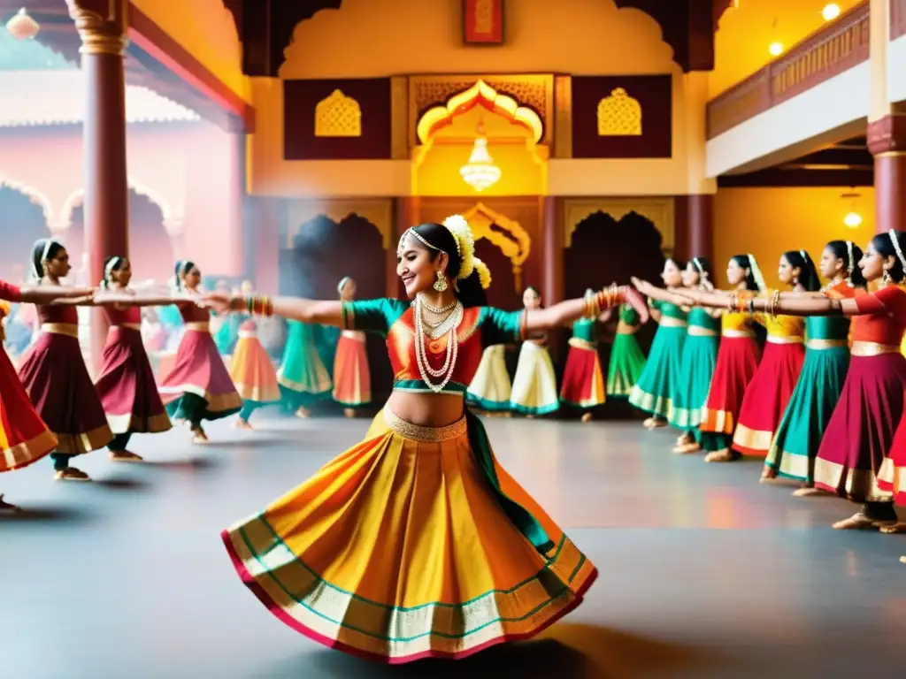 Un grupo de bailarines tradicionales indios realizando movimientos elegantes en un entorno cultural