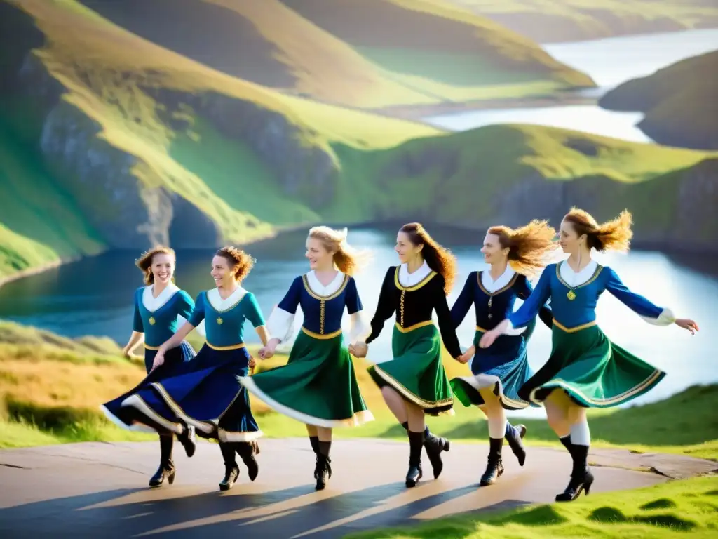 Un grupo de bailarines tradicionales irlandeses realizando una actuación en un escenario, con trajes coloridos y movimientos perfectamente coordinados