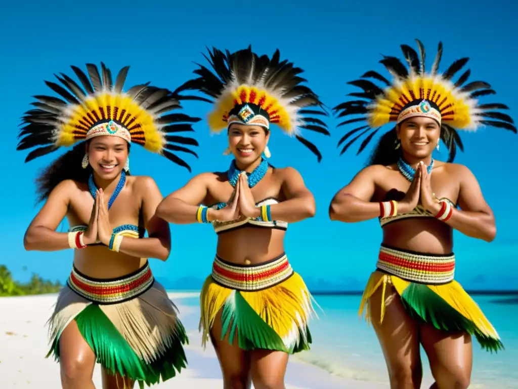 Grupo de bailarines tradicionales de las Islas Marshall danzando con trajes vibrantes, conchas y plumas