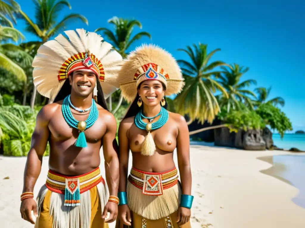 Grupo de bailarines tradicionales de las islas del Pacífico en una playa, con trajes vibrantes y expresiones alegres