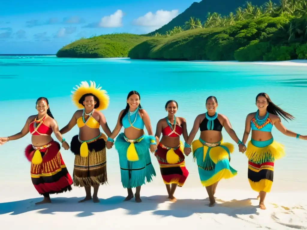 Grupo de bailarines tradicionales de las Islas Marshall, ataviados con trajes vibrantes, realizando una danza en la playa