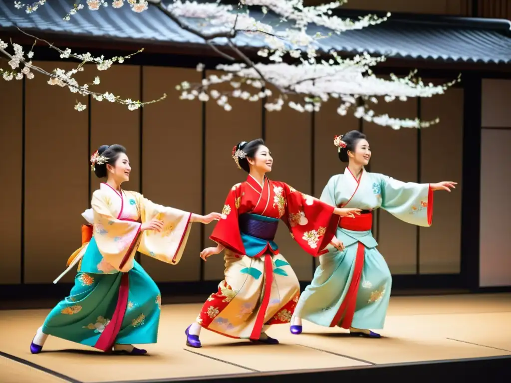 Un grupo de bailarines tradicionales japoneses realizando Nihon Buyo en un escenario decorado con cerezos en flor