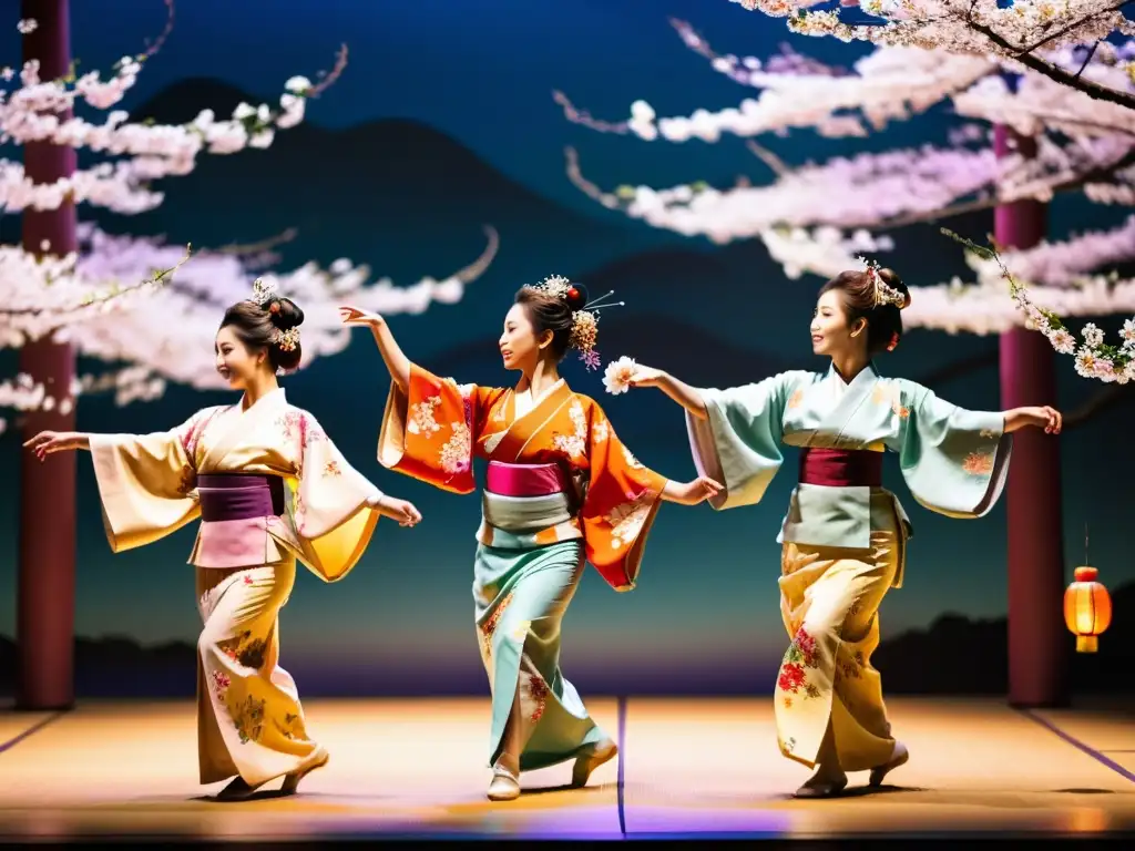 Un grupo de bailarines tradicionales japoneses en kimonos coloridos realizando una danza sincronizada bajo árboles de cerezo y faroles