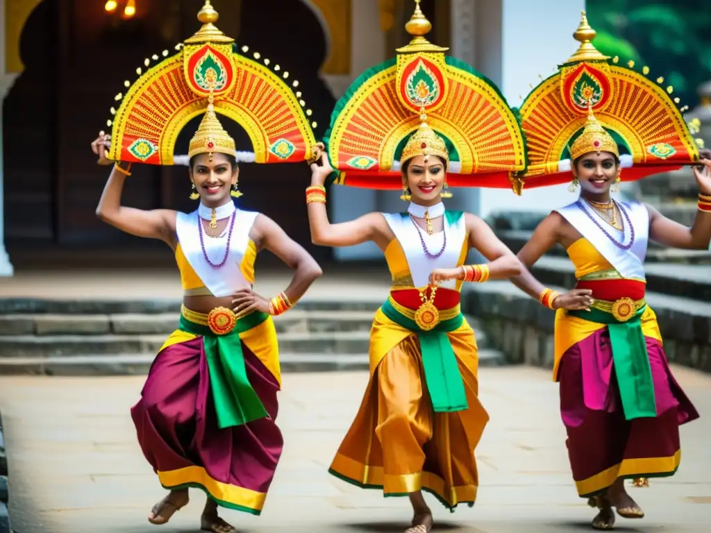 Grupo de bailarines tradicionales Kandyan en vibrante danza en Festival de Danza Kandy, Sri Lanka