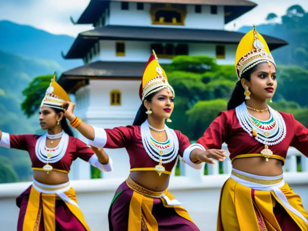 Grupo de bailarines tradicionales Kandyan en el Festival de Danza Kandy Sri Lanka, con trajes vibrantes y danza cautivadora al atardecer