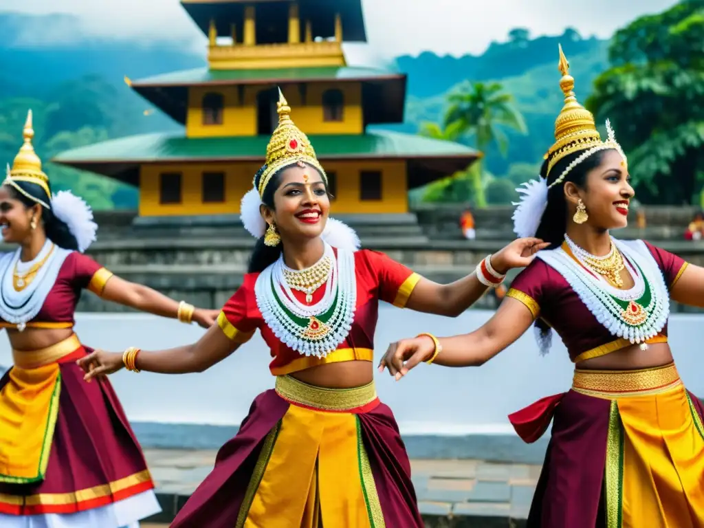 Grupo de bailarines tradicionales Kandyan con trajes vibrantes, danzando en el Festival de Danza Kandy Sri Lanka