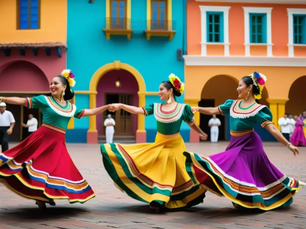 Un grupo de bailarines tradicionales de América Latina en trajes vibrantes y ornamentados, moviéndose con gracia en una plaza histórica y colorida