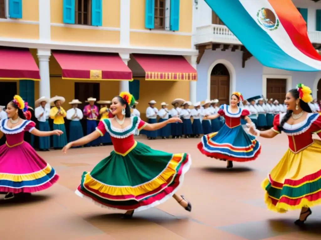 Grupo de bailarines tradicionales de América Latina en coloridos trajes, danzando en la plaza central