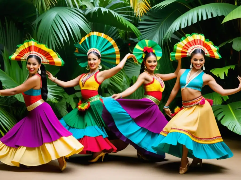 Un grupo de bailarines tradicionales de América Latina con vestuarios vibrantes realizando una danza dinámica