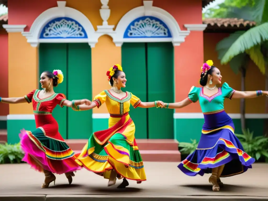 Un grupo de bailarines tradicionales latinoamericanos danzando con pasión y energía frente a exuberante vegetación y arquitectura colorida