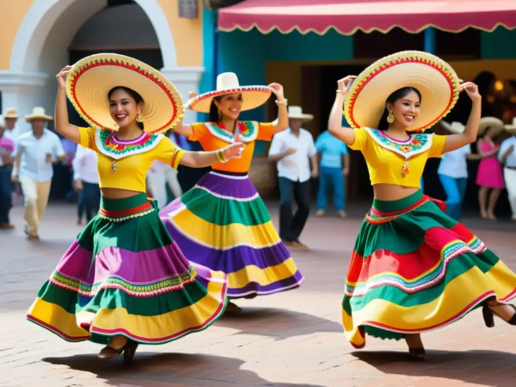 Un grupo de bailarines tradicionales latinoamericanos con sombreros y alpargatas coloridos realiza una danza enérgica en un bullicioso mercado