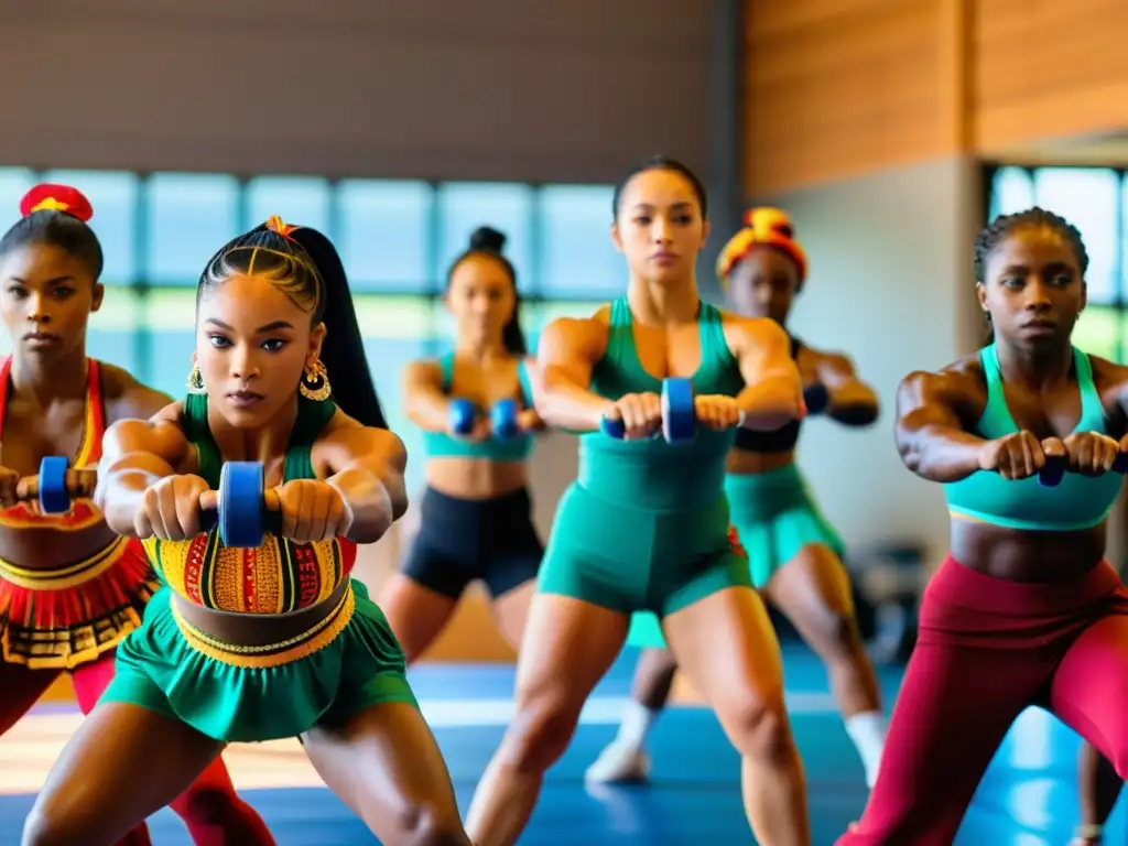 'Grupo de bailarines tradicionales incorporando levantamiento de pesas en su entrenamiento, mostrando fuerza y gracia en el gimnasio'