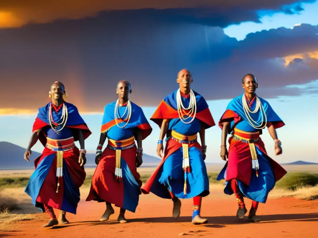 Grupo de bailarines tradicionales Maasai en vibrantes shukas rojas y azules, realizando un enérgico baile saltarín en la sabana africana al atardecer