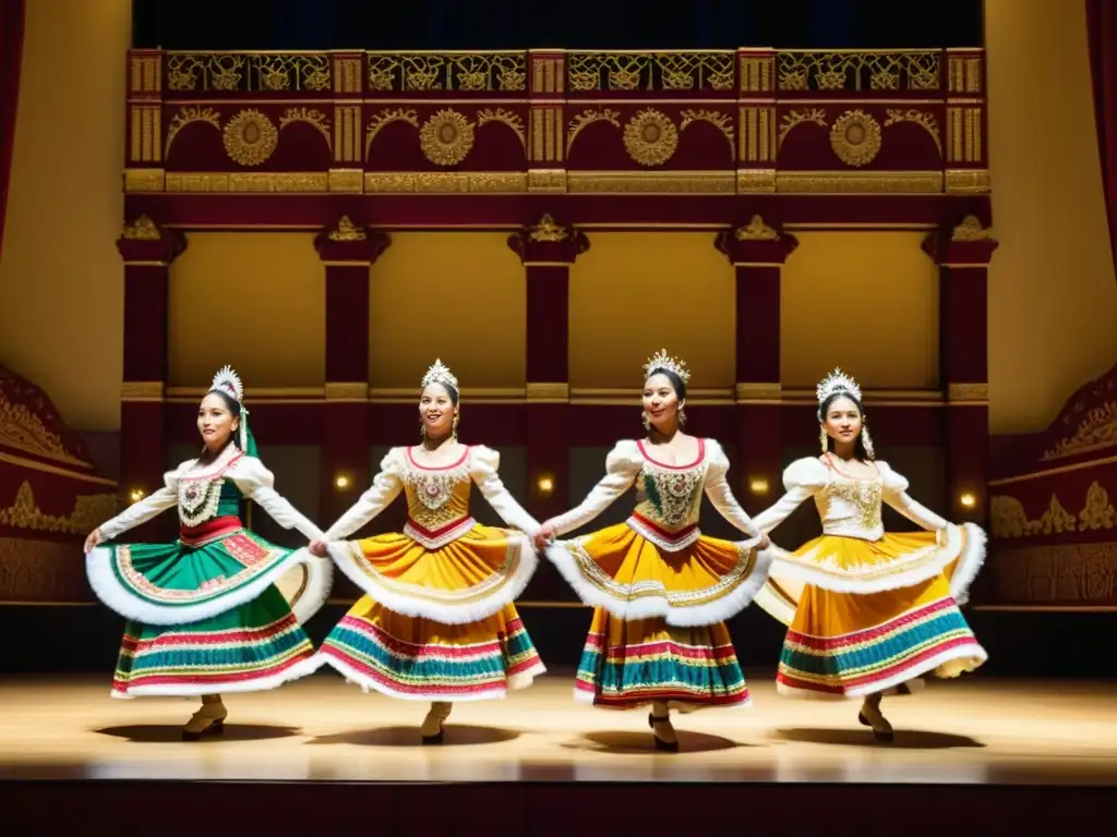 Grupo de bailarines tradicionales en majestuoso teatro, reflejando los beneficios de suscripción premium danza tradicional