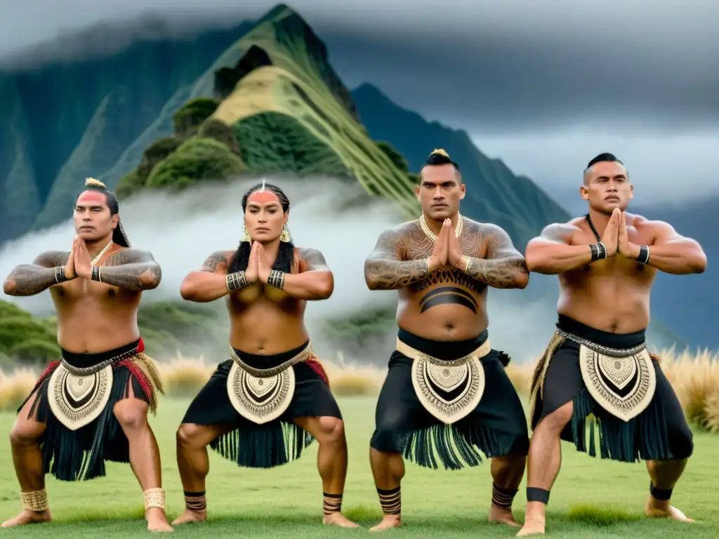 Un grupo de bailarines tradicionales Maorí realizando una poderosa danza haka, con expresiones faciales desafiantes y atuendos vibrantes