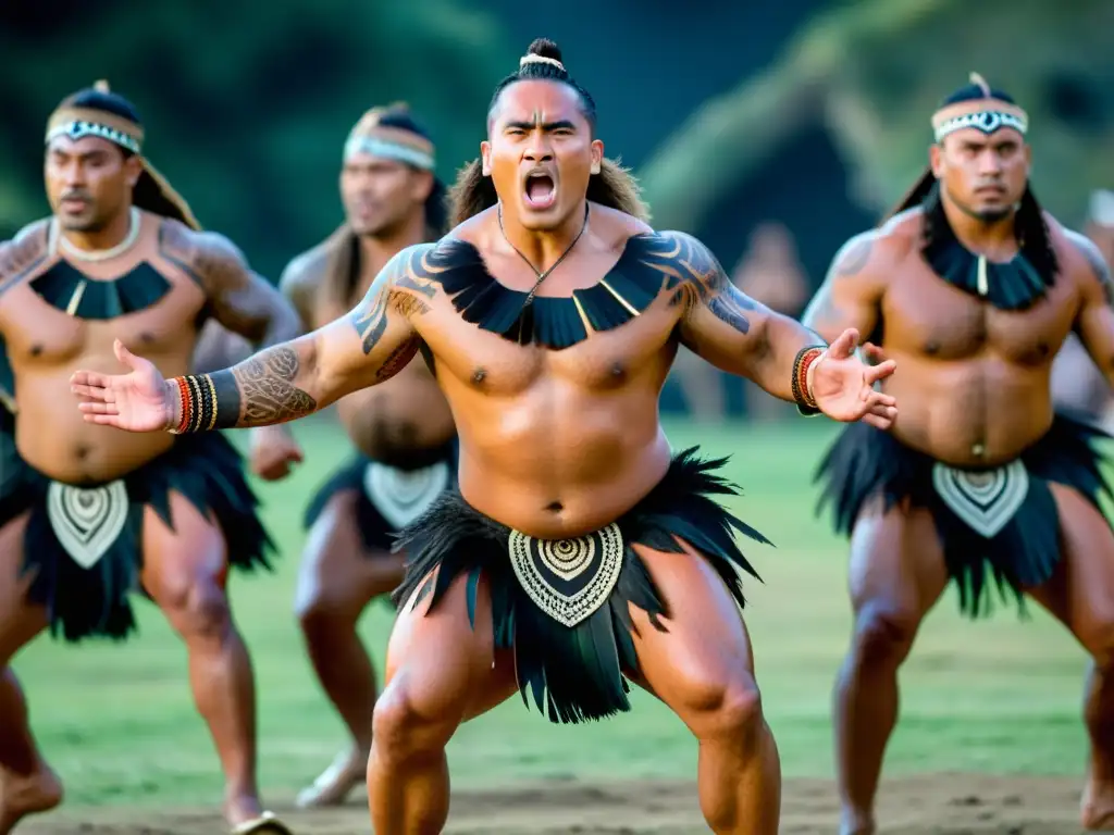 Haka Maorí: expresión cultural intensa en 8k Un grupo de bailarines tradicionales maoríes realiza un poderoso haka, capturando la energía cruda de la danza