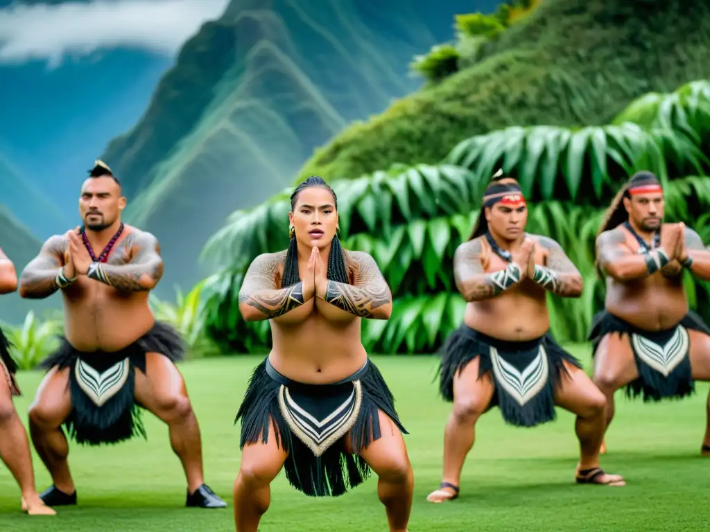 Un grupo de bailarines tradicionales Maoríes realizando un poderoso haka, con tatuajes faciales intrincados y coloridos trajes de plumas