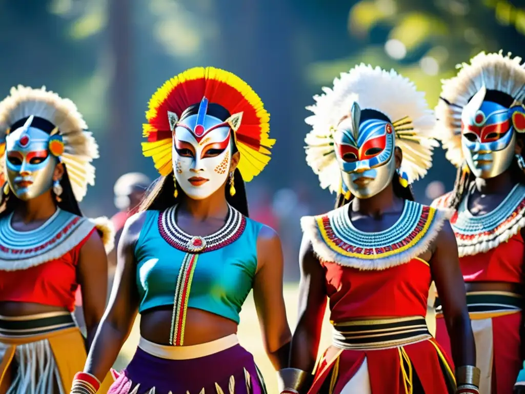 Grupo de bailarines tradicionales danzando con máscaras y trajes vibrantes en ceremonia al aire libre