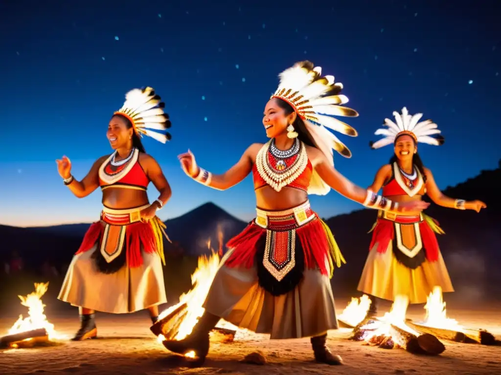 Grupo de bailarines tradicionales interpretando mensajes ocultos en danzas, alrededor de fogata bajo el cielo estrellado