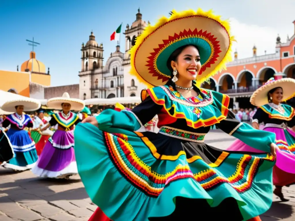 Un grupo de bailarines tradicionales mexicanos con coloridos trajes bordados y plumas, danzando en una plaza llena de vida