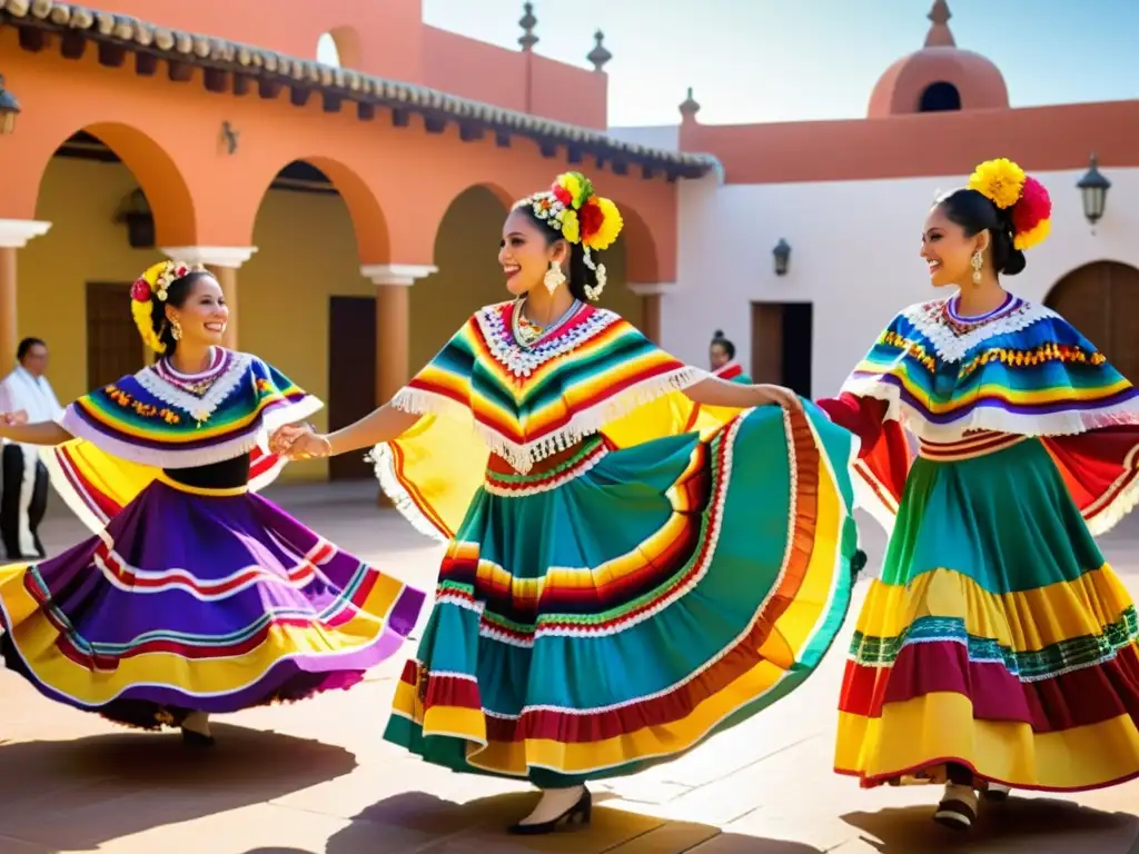 Un grupo de bailarines tradicionales mexicanos realiza una danza vibrante y sincronizada en un patio soleado