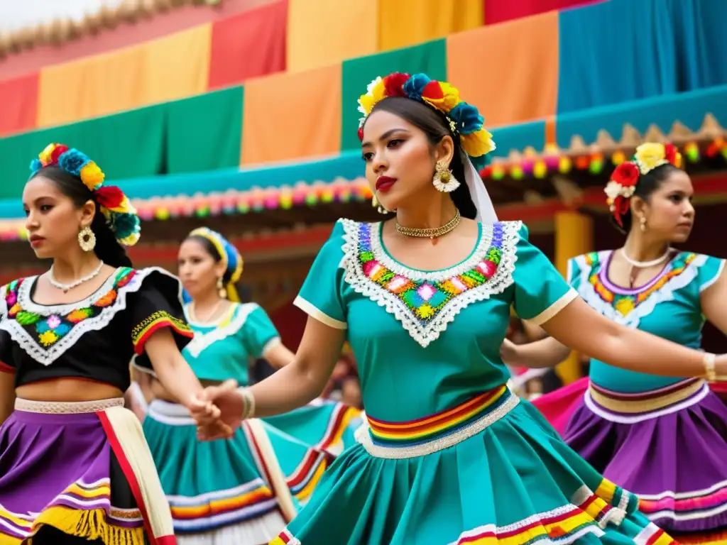 Un grupo de bailarines tradicionales mexicanos en trajes vibrantes y detallados, en medio de una actuación con papel picado y espectadores