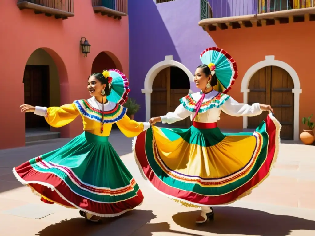 Grupo de bailarines tradicionales mexicanos practicando coreografías en un patio soleado, con trajes y tocados vibrantes