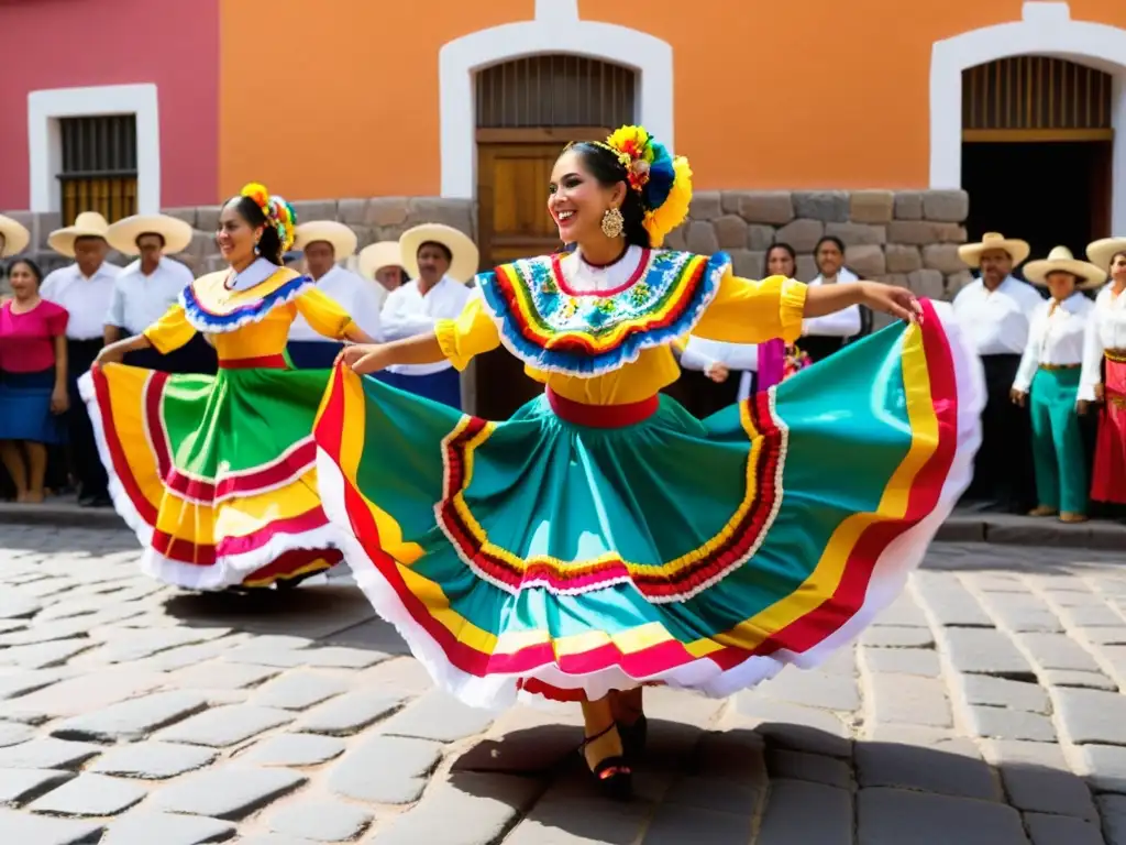 Grupo de bailarines tradicionales mexicanos danzando en la calle, con espectadores asombrados y la cálida luz del atardecer