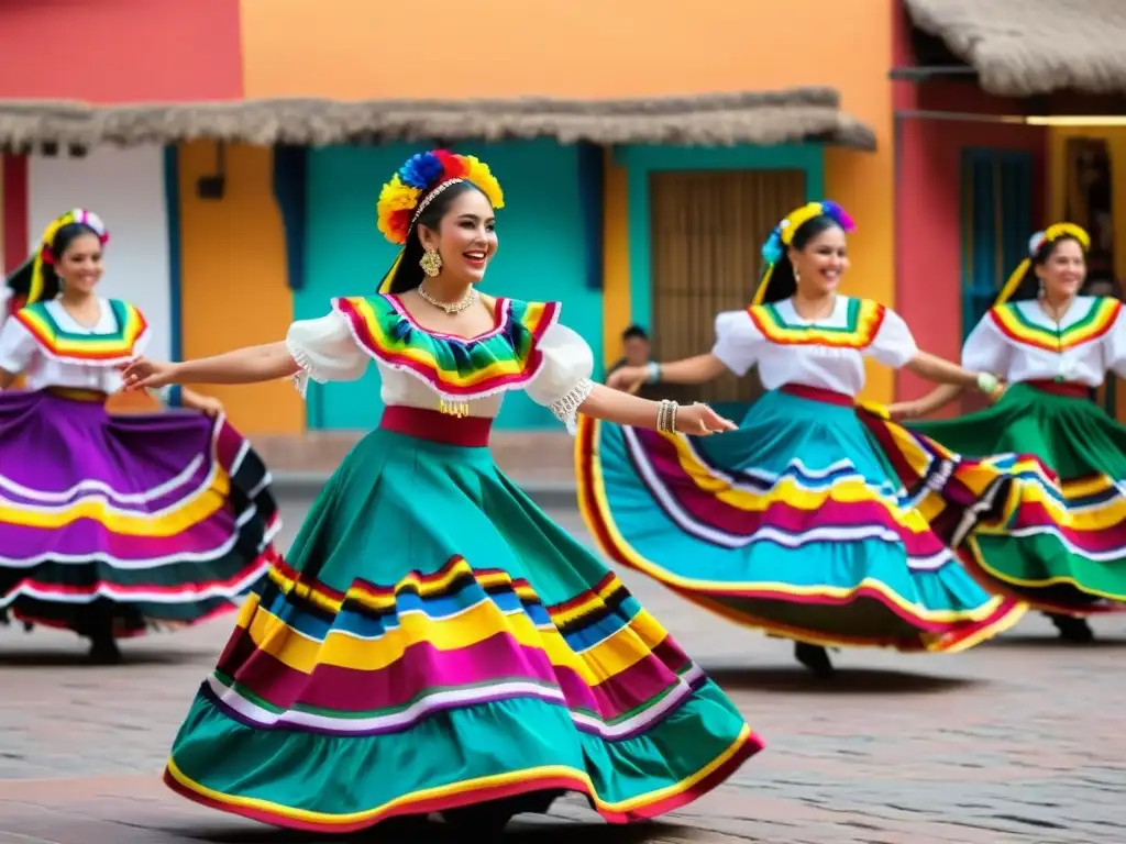 Un grupo de bailarines tradicionales mexicanos realizando una danza vibrante y enérgica en un mercado colorido