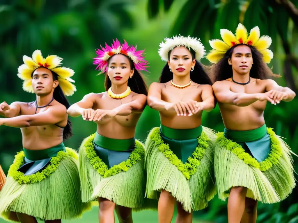 Grupo de bailarines tradicionales Micronesia en vibrante danza, expresando significado cultural de danzas Micronesia