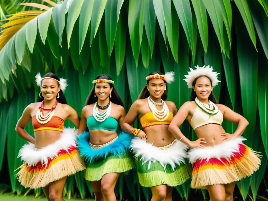 Grupo de bailarines tradicionales Micronesia con trajes coloridos y plumas, danza en la exuberante vegetación