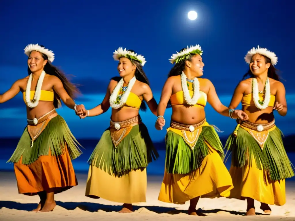 Grupo de bailarines tradicionales micronesianos actuando bajo la luna en el Festival de la Luna Llena de Pohnpei, mostrando la rica herencia cultural