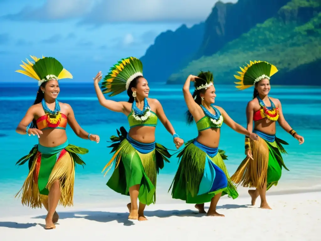 Grupo de bailarines tradicionales Micronesios realizando danza cultural en isla exuberante con el mar de fondo