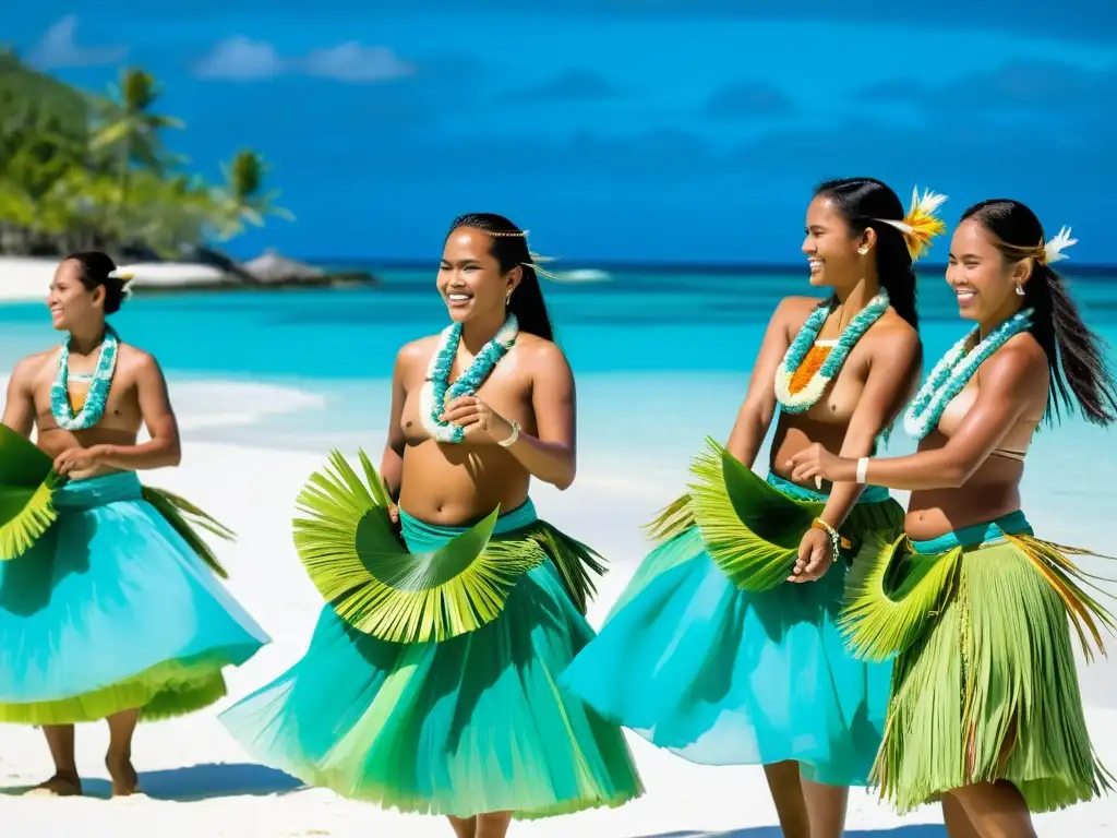 Grupo de bailarines tradicionales Micronesios realizando una danza dinámica y colorida en la playa