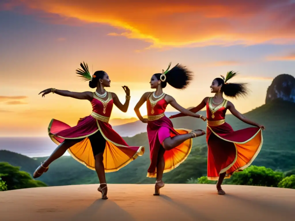 Grupo de bailarines tradicionales en movimiento sincronizado, con trajes vibrantes, danzando contra un atardecer tropical