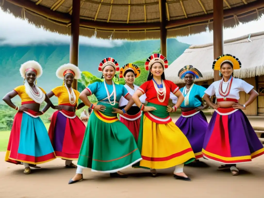 Grupo de bailarines tradicionales en movimiento, con trajes vibrantes y expresiones llenas de pasión