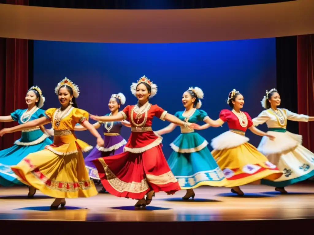 Grupo de bailarines tradicionales cautivan con movimientos sincronizados y trajes vibrantes, rodeados de público diverso