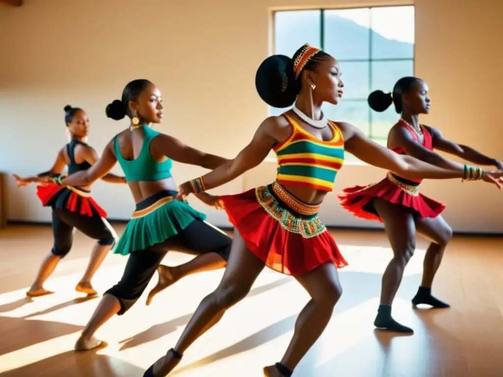 Grupo de bailarines tradicionales practicando movimientos flexibles con determinación