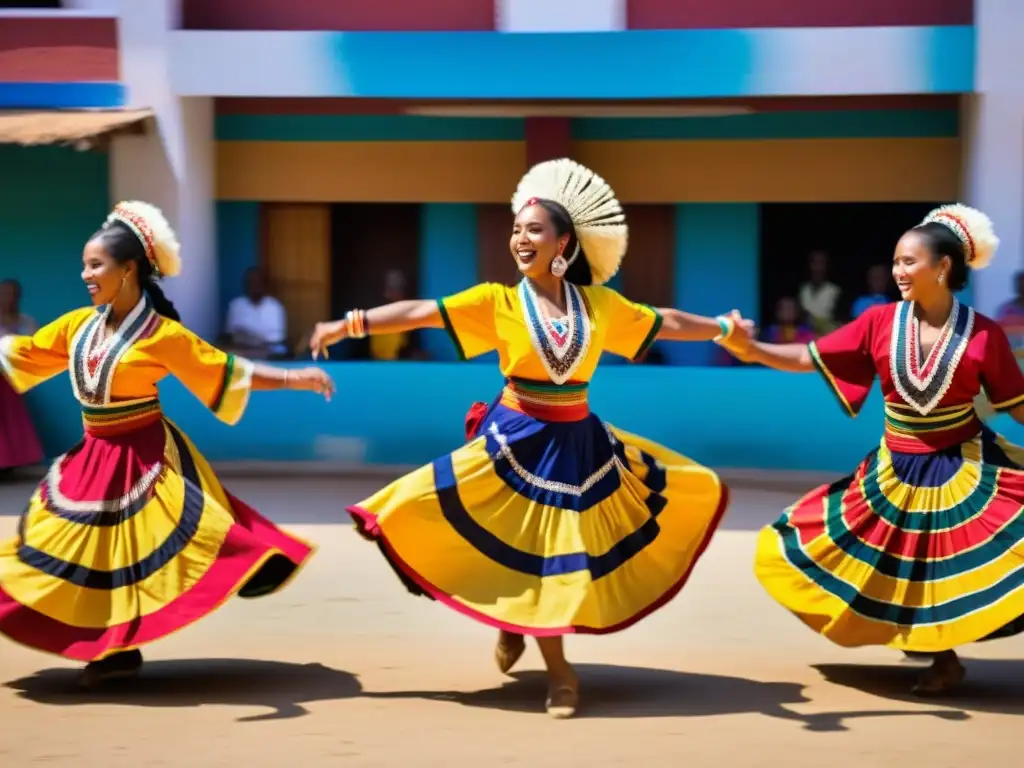 Grupo de bailarines tradicionales ejecutando movimientos gráciles al compás de la música, con trajes coloridos girando