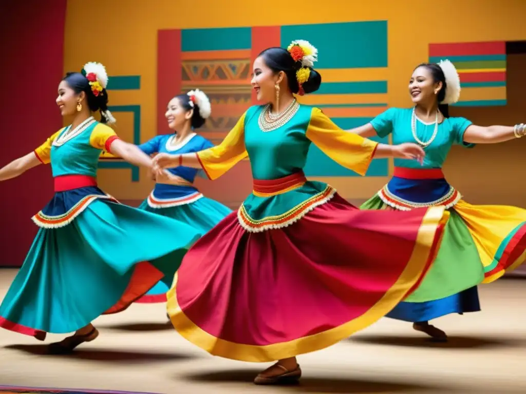 Grupo de bailarines tradicionales realizando movimientos vibrantes y complejos, en un entorno culturalmente rico