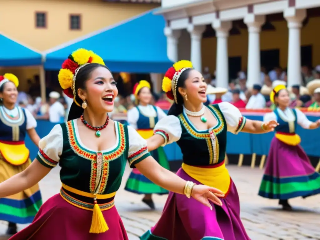 Danza tradicional llena de energía en mercado vibrante Grupo de bailarines tradicionales cautiva a la multitud en un bullicioso mercado