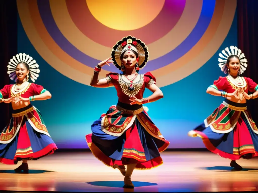 Grupo de bailarines tradicionales de todo el mundo, en trajes vibrantes, ejecutando movimientos sincronizados en un escenario con motivos culturales