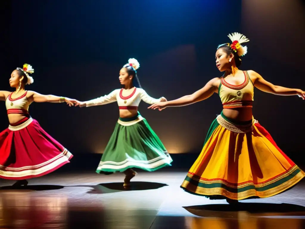 Grupo de bailarines tradicionales de todo el mundo, vestidos con atuendos vibrantes, danzan con pasión en un ambiente atmosférico, destacando la importancia de la danza tradicional