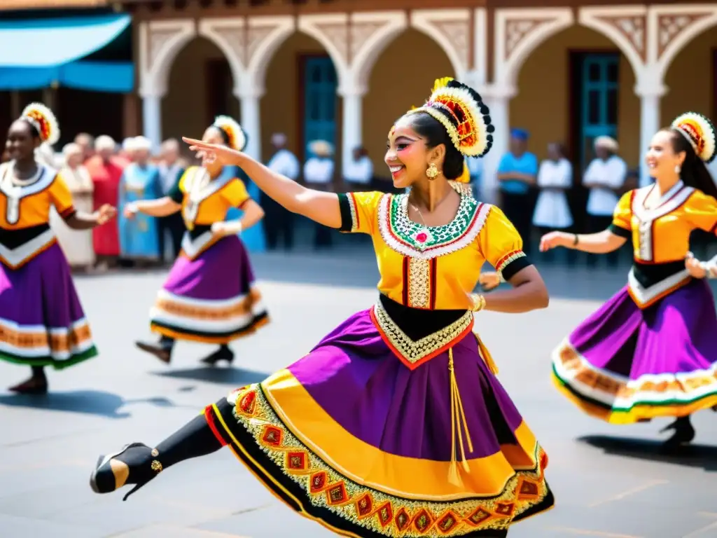 'Grupo de bailarines tradicionales de todo el mundo, con trajes vibrantes que representan sus culturas, bailando en una plaza llena de vida