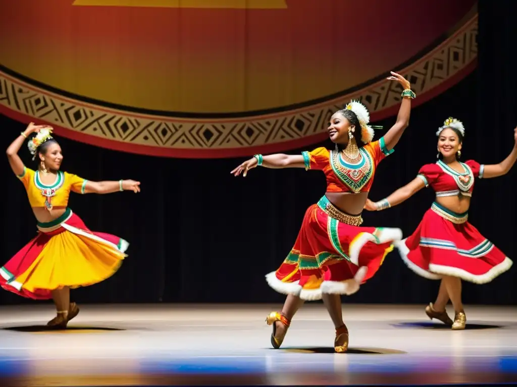 Grupo de bailarines tradicionales de todo el mundo en vibrantes trajes, celebrando la diversidad cultural a través de danzas globales