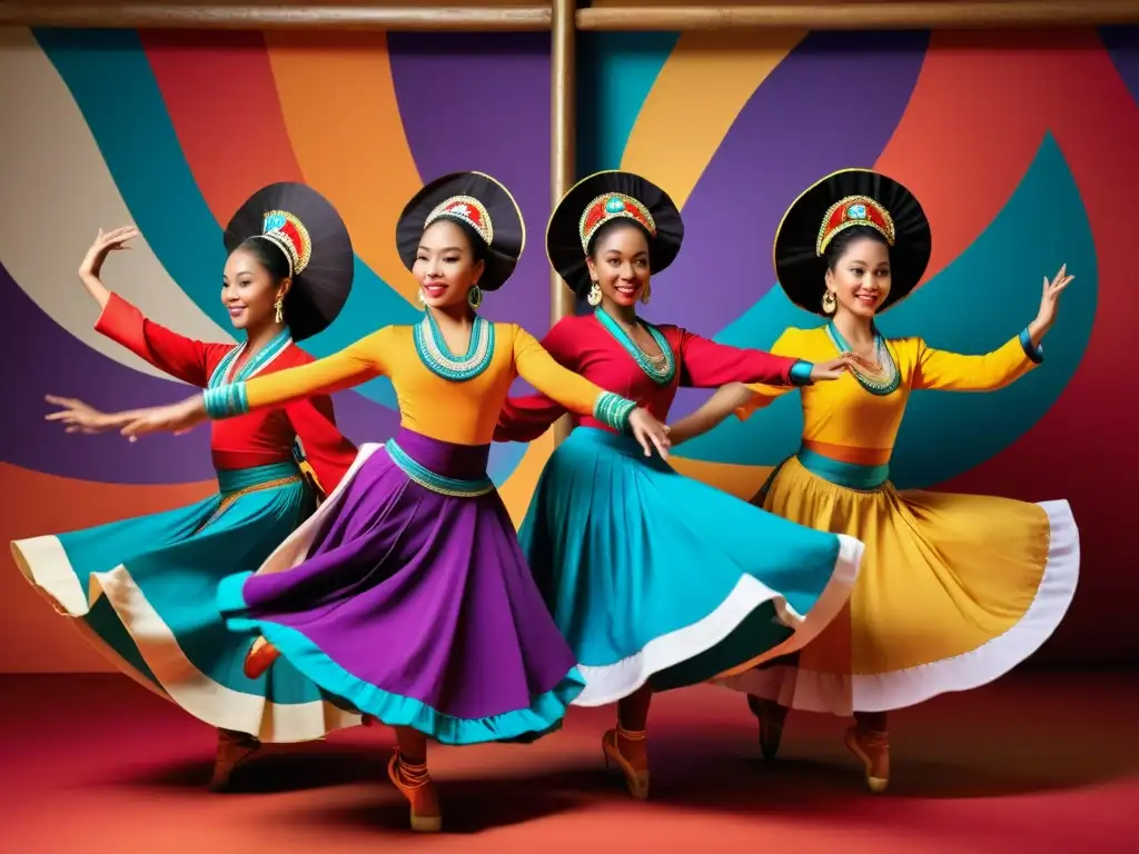 Grupo de bailarines tradicionales de todo el mundo danzando con gracia, mostrando coloridos trajes y movimientos ágiles, mejorando la agilidad en danzas tradicionales