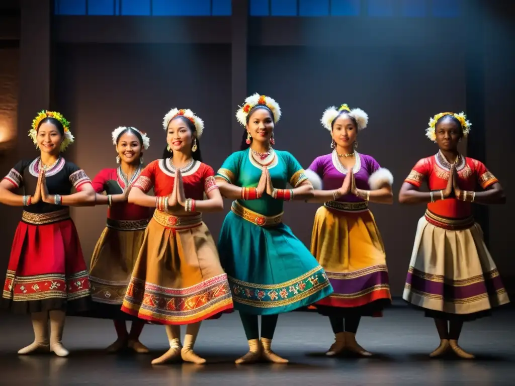 Grupo de bailarines tradicionales de todo el mundo, unidos en un círculo, con trajes vibrantes y expresiones apasionadas